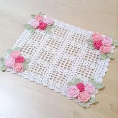 ピンク薔薇の長方形ドイリー　レース編み　かぎ針編み