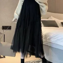 チュールスカート ロングスカート マキシ丈 フレアスカート ブラック