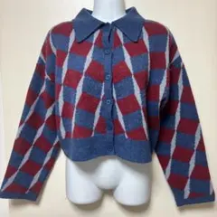 マウジー　ニットカーディガン　アーガイル柄　幾何学模様　ショート丈　襟付き