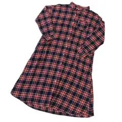 シャツワンピース　ロングシャツ　長袖　ネイビーレッドチェック　赤チェック　M
