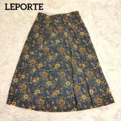 レポルテ プリーツスカート ひざ丈 ミモレ 花柄 ブルー 青 レトロ おしゃれ