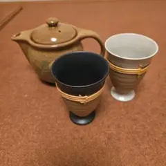 陶器製花柄急須とカップ2個セット