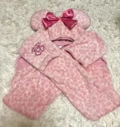 ディズニー ミニー　マフラーキャップ　ヒョウ柄ピンク