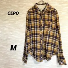 CEPO 長袖コットンシャツ【M】チェック ボーダー カジュアル 羽織 0448のサムネイル