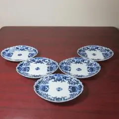 変形皿 楕円 染付 5枚 銘 花唐草 花弁縁 美品 薄造
