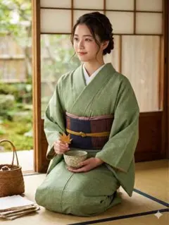 【新品・しつけ付き】高級紬　着物　たたき染め　緑　身丈146cm裄59cm