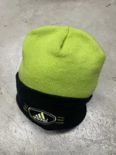 90s アディダス　adidas ニット帽　ビーニー　黄緑　蛍光　緑　刺繍　古着