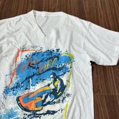 USA製?ビンテージ80sサーフプリントVネック白Tシャツ古着メンズMレディース