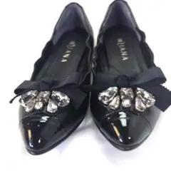【DIANA】リボン×ビジュー付き ブラック フラットシューズ 22.5cm