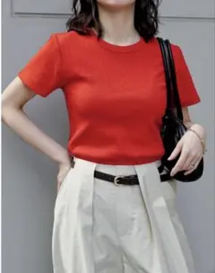 華奢見えリブTシャツ★テレコリブクルーネック半袖Tシャツのサムネイル