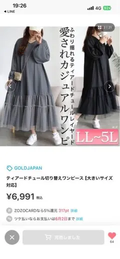 大きいサイズ レディース ティアードチュール切り替えワンピース　3L 新品のサムネイル