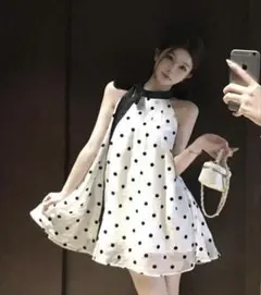 即日配達 ドット柄ノースリーブミニワンピース