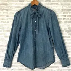 [美品]ラルフローレン　ボウタイ　フリル　デニムシャツ　ギャザー　インディゴXS 美品]ラルフローレン ボウタイ フリル デニムシャツ ギャザー