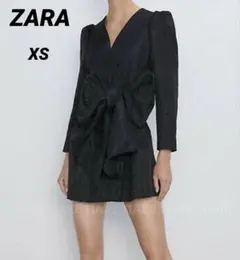 ZARA ジャガードミニワンピース ウエストリボンワンピ パフスリーブジャケット