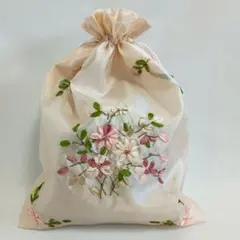 巾着 花柄 刺繍 ベージュ ハンドメイド