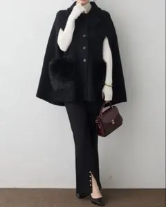 新品未使用タグ付きウールタッチファーポケットポンチョコート/ブラック Frene