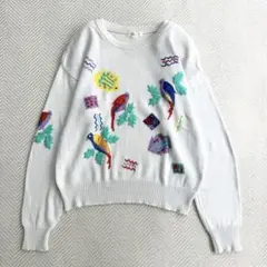【一点物】80s 鳥柄 刺繍ニット ￼M 綿100% レトロ 大人カジュアルのサムネイル