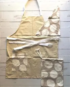 20-3 ハンドメイドベージュ水玉ドット柄エプロン三角巾巾着3点150
