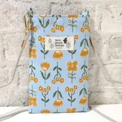 ハンドメイド　スマホショルダー　サコッシュ　北欧調　花柄　水色×オレンジ