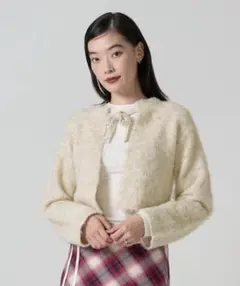 【TINA：JOJUN】フロントリボンシャギーニットカーディガン/ライトベージュ