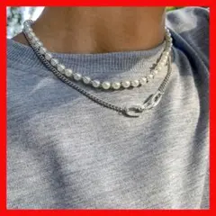 ネックレス　フェイクパール　シルバー　2連　2本セット　パール風 チェーン 韓国