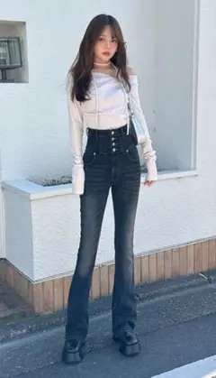 ハイウエストストレッチフレアデニムパンツ[cu531]