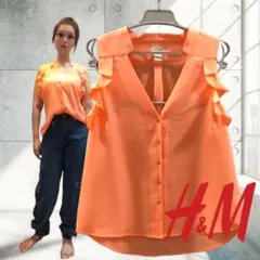 H &M オレンジ　シースルー　袖フリル　シャツ　袖なし