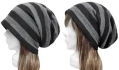 ハンドメイド◆ルーズワッチキャップ◆ウールフランネル ボーダー柄ニット／黒×灰