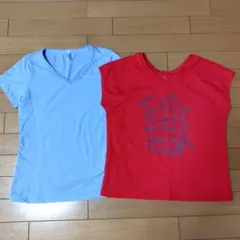 藤色と赤のVネックTシャツ2点セット