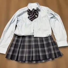 制服コスプレ　水色ボタンダウンシャツとチェックスカートとリボン　3点セット