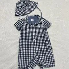 baby GAPチェック柄半袖ロンパース　帽子付き　青