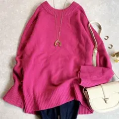 美品 ミラオーウェン ウールカシミヤラグランクルーニット リブ切替 ピンク