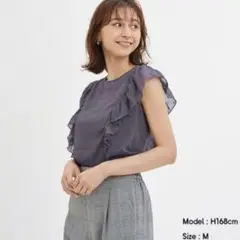 GU シアーラッフルスリーブブラウス(半袖) S 紫 シフォンシャツ