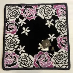 ランバン　ハンカチ　シェニール織　黒　バラ　パープル