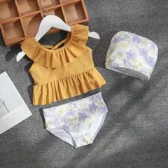 フリル花柄120cmベビービキニ水着　帽子付き３点セットキッズ水着　水遊びプール