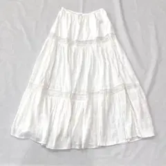 ホワイト レース切り替え ロングフレアスカート ウエストゴムのサムネイル