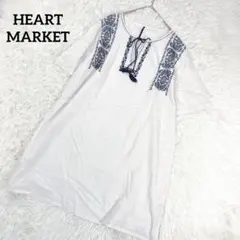 ハートマーケット チュニック ホワイト L 刺繍 白 青 透け感 体型カバー
