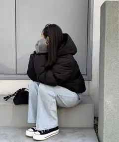 GRL フード付きショート丈ダウンジャケット 黒 ブラックのサムネイル
