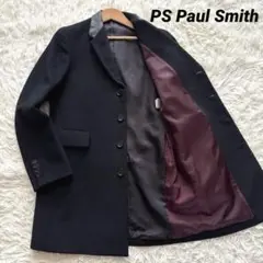 美品 ポールスミス カシミヤ混チェスターコート 襟ラムレザー 切替 黒 M