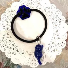【お試し価格】猫ちゃんヘアゴム　ブルー　濃い青　ネイビー　キラキラ　お得　激安