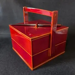 【飛騨春慶】朱塗り 手提げ二段重箱（箸付き）伝統工芸品