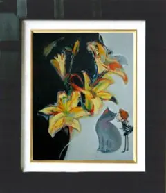 油絵菅家令子絵 絵画インテリア額付(青緑＋金色の枠)uF6-050320猫