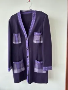 伊太里屋　紫色 チェック柄ポケット カーディガン13号