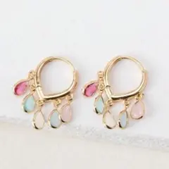 上品揺れるゴールドピンク水色白ストーンピアス ブランドハンドメイド調結婚式可愛い