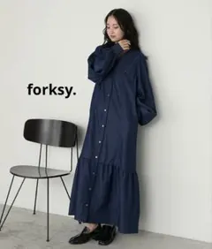 forksy. ボリュームスリーブVネックティアードデニムワンピース　セール