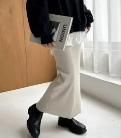 andme セルフカットリブ タイトスカート 杢ベージュ