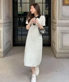 岡部あゆみさんコラボ リップルボーダーポロカラーニットワンピース