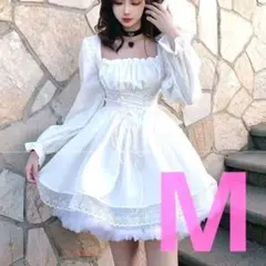 ワンピース　白　ホワイト　ミニ　丈　長袖　ロリータ　フリル　ガーリー　М　サイズ