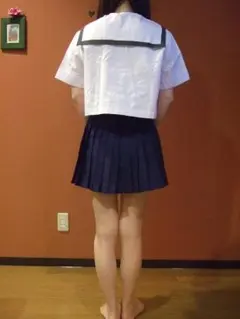 青リボン半袖セーラー服＆紺プリーツミニスカ(フリーサイズ/ウエスト60位