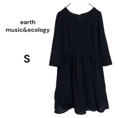 アース ワンピース 7分袖 フラワーモチーフ 清楚 上品 セミフォーマル S 紺